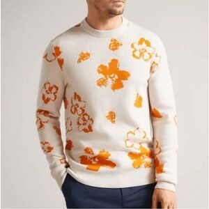 NWT Ted Baker Sandsen Orange Floral Crew Neck Wool Sweater Size 5 Extra Large